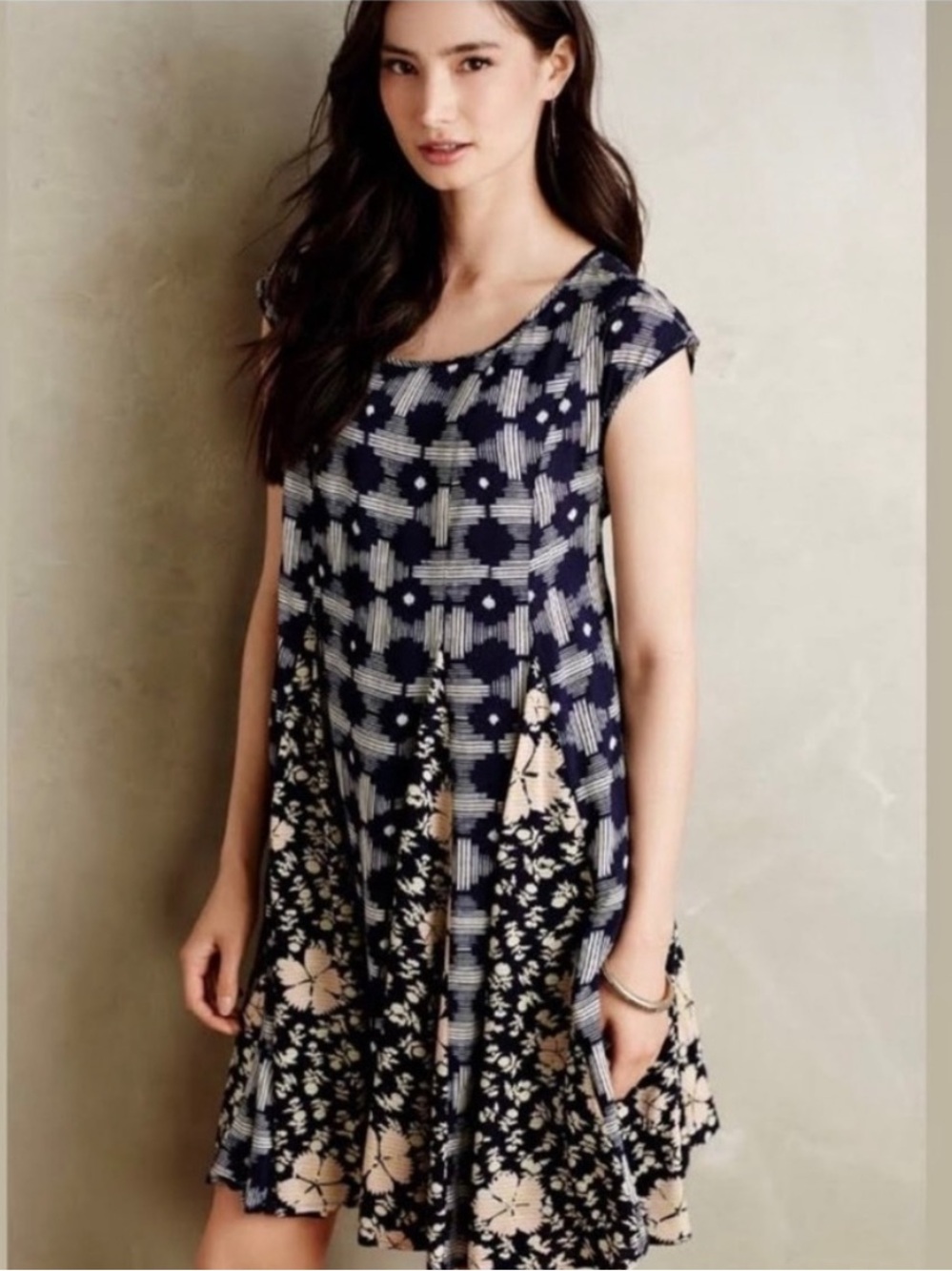 Maeve by Anthropologie Indiga Ikat Blue Pleated Swing Mini Dress Size Medium